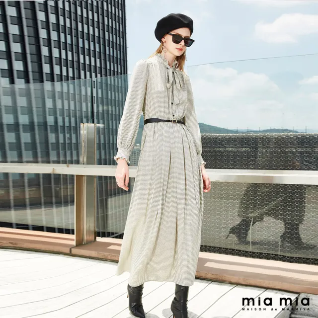 【mia mia】米黑幾何綁帶長洋裝