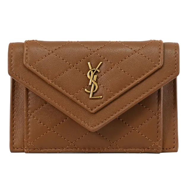 【YSL】經典金屬LOGO小牛皮信用卡證件名片扣式零錢包(咖)