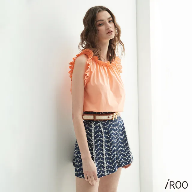 【iROO】波浪紋花卉刺繡短褲