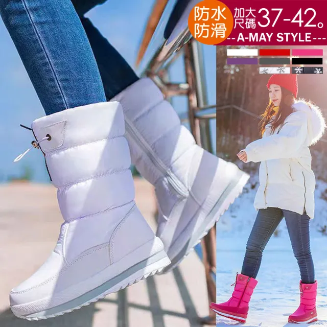 【Amay Style 艾美時尚】女鞋 雪地靴 時尚保暖加絨防水防雪防滑束帶中筒雪靴。37-42碼(6色.現貨+預購)
