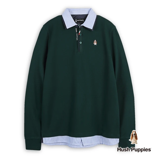 Hush Puppies 男裝 POLO衫 經典配色假兩件刺繡小狗POLO衫(墨綠 / 441011109)