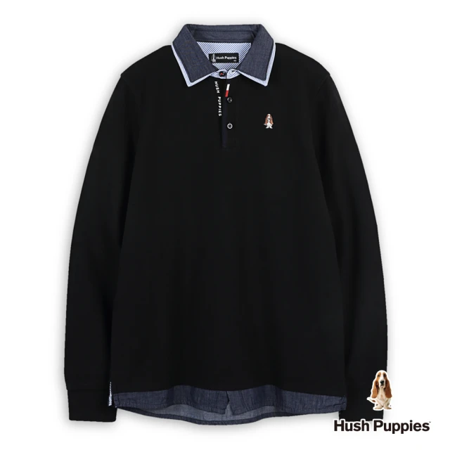 Hush Puppies 男裝 POLO衫 經典配色假兩件刺繡小狗POLO衫(黑色 / 441011109)