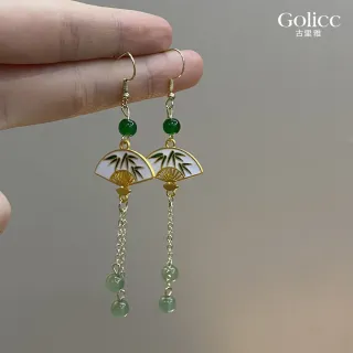 【Gulicc 古莉可】耳環 玉石流蘇扇 中式墜式(99購物節 生日 飾品 耳釘 耳飾 耳墜 禮物)