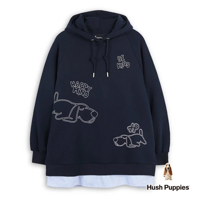 Hush Puppies 女裝 帽T 假兩件Q版趴趴狗刺繡長版帽T(丈青 / 44202104)