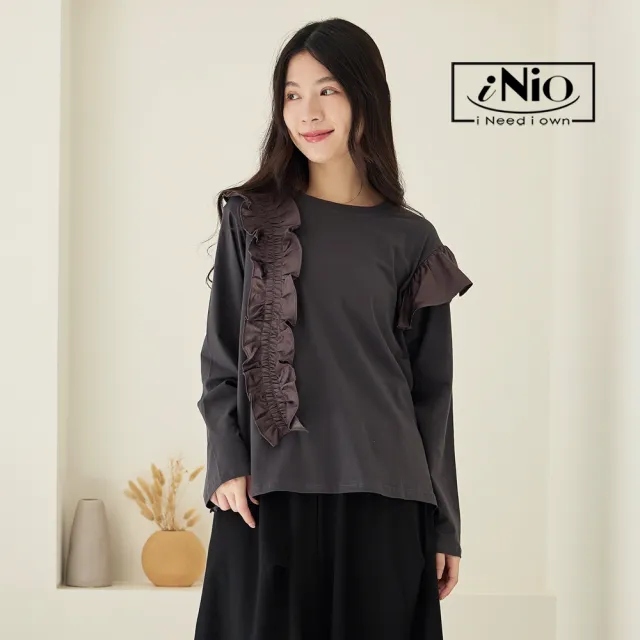 【iNio 衣著美學】長袖上衣 冬新品 現貨 波浪造型 拼接 圓領 長袖棉T CDW1761