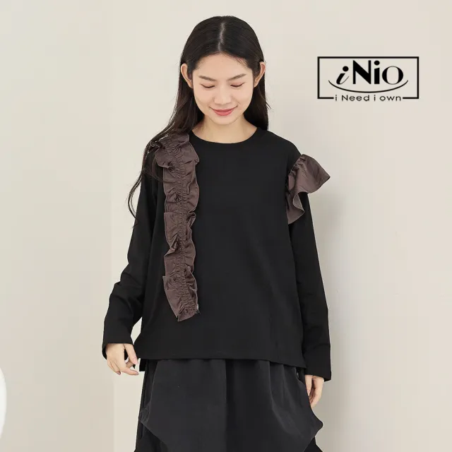 【iNio 衣著美學】長袖上衣 冬新品 現貨 波浪造型 拼接 圓領 長袖棉T CDW1761