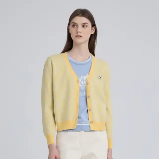 【ILEY 伊蕾】撞色菱格紋縲縈針織外套(淺黃；M-XL；1243515207)