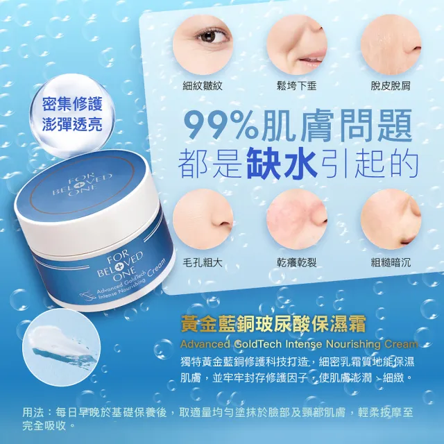【For Beloved One 寵愛之名】黃金藍銅玻尿酸保濕霜30ml 買一送一(藍銅胜/保濕乳霜/好吸收)