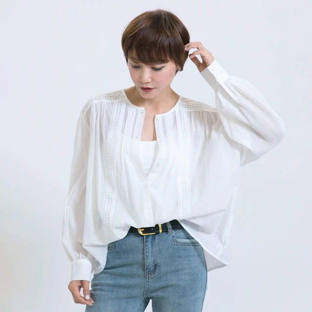 fancyevafancyeva 透膚手工蕾絲襯衫(白、B1420C-020)