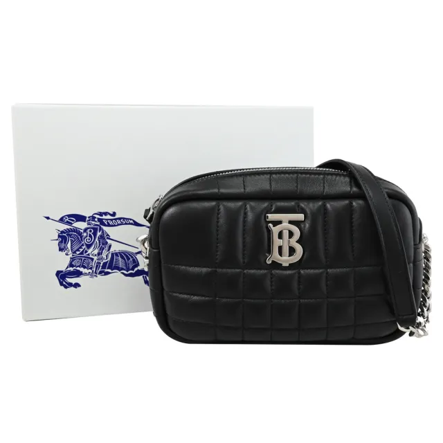 【BURBERRY 巴寶莉】Mini Lola 金屬TB LOGO絎縫格紋小羊皮相機包斜背包(黑)
