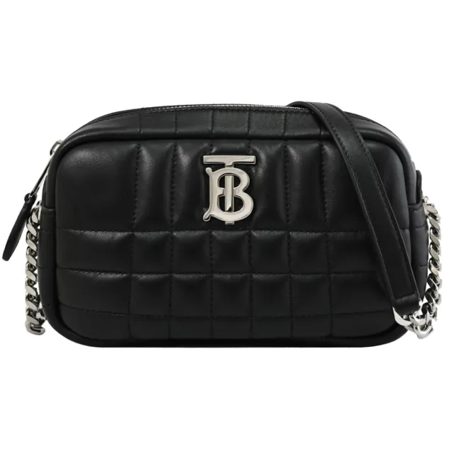 【BURBERRY 巴寶莉】Mini Lola 金屬TB LOGO絎縫格紋小羊皮相機包斜背包(黑)