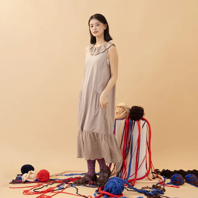 【MOSS CLUB】翻領蕾絲拼接無袖洋裝(黑 白 卡/魅力商品)