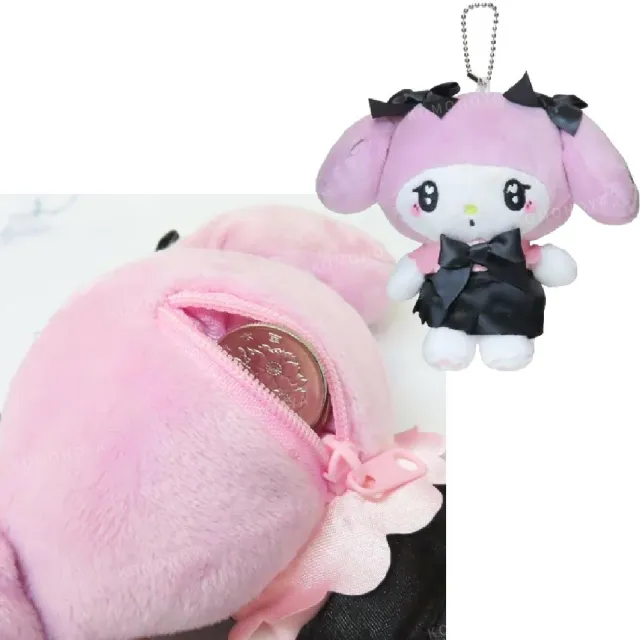 【小禮堂】雙11 Sanrio 三麗鷗 絨毛玩偶收納吊飾 - 黑蝴蝶結款 Kitty 酷洛米 美樂蒂(平輸品)