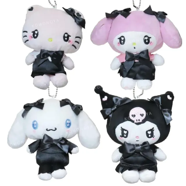 【小禮堂】雙11 Sanrio 三麗鷗 絨毛玩偶收納吊飾 - 黑蝴蝶結款 Kitty 酷洛米 美樂蒂(平輸品)