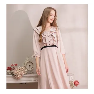 【Iris Girls 艾莉詩】秋日樂章荷葉領洋裝-粉色(45605)