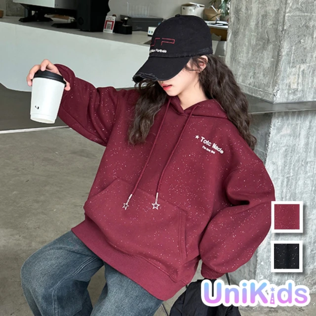 UniKids 中大童裝加絨長袖連帽T 亮晶晶大口袋字母上衣 女大童裝 CVRD24268(紅 黑)