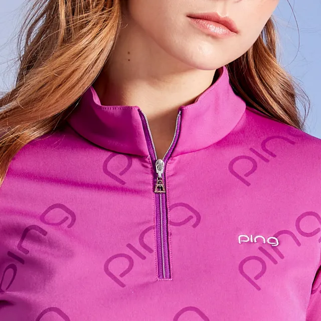 【PING】女款斜體LOGO立領長袖休閒POLO衫-紫(日本素材/GOLF/高爾夫球衫/RA23215-65)