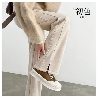 【初色】純色人字紋毛呢開叉直筒修身休閒褲寬褲長褲顯瘦褲-共2色-39699(L-4XL可選)