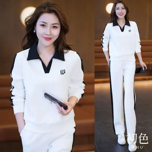 【初色】撞色POLO領印花字母長袖上衣女上衣+撞色口袋休閒褲寬褲長褲套裝-共5色-39626(M-4XL可選)
