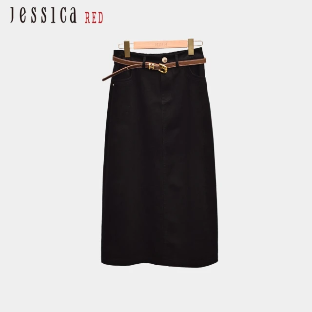 Jessica Red 百搭簡約皮帶造型素色棉質牛仔中長裙（黑）R44104