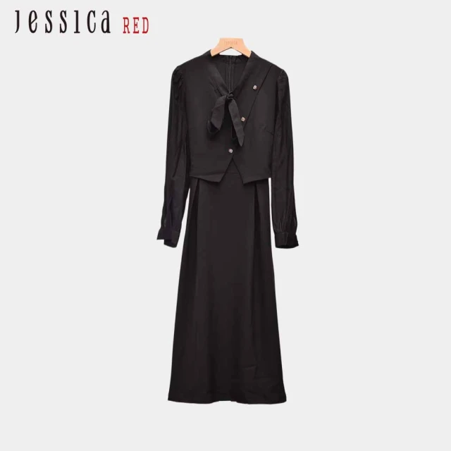 Jessica Red 法式氣質蝴蝶結綁帶假兩件拼接長袖雪紡洋裝（黑）R44702