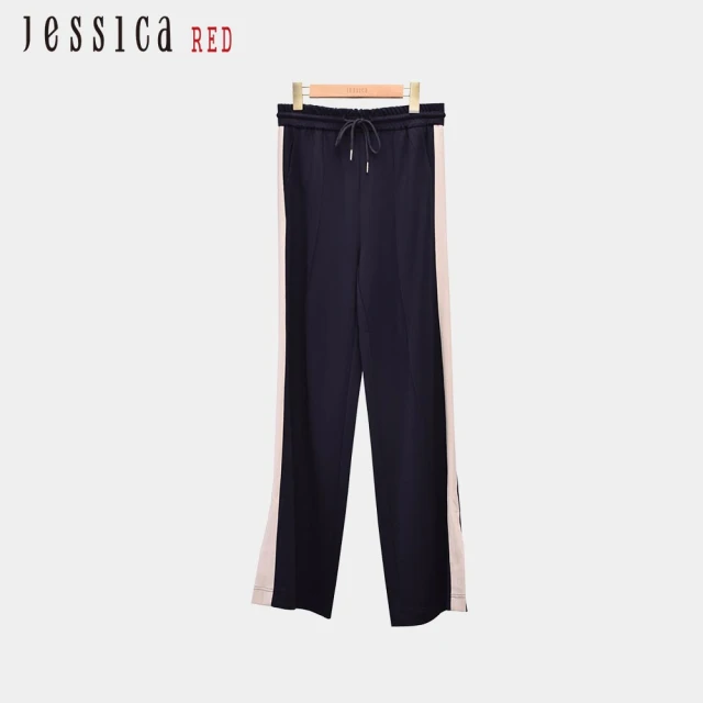 Jessica Red 百搭運動風素色側邊線條鬆緊綁帶長褲（深藍）R44201