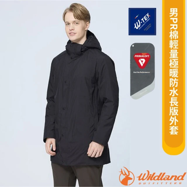 Wildland 荒野 男 PR棉輕量極暖防水長版外套.連帽雪衣_可拆帽(0B22902-165 印黑色)