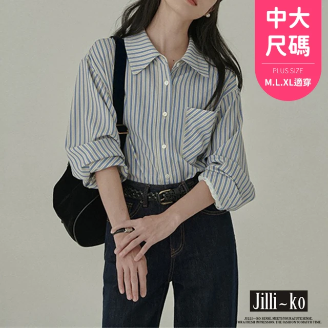 JILLI-KO 慵懶韓系冰藍條紋襯衣長袖襯衫女-F(藍)