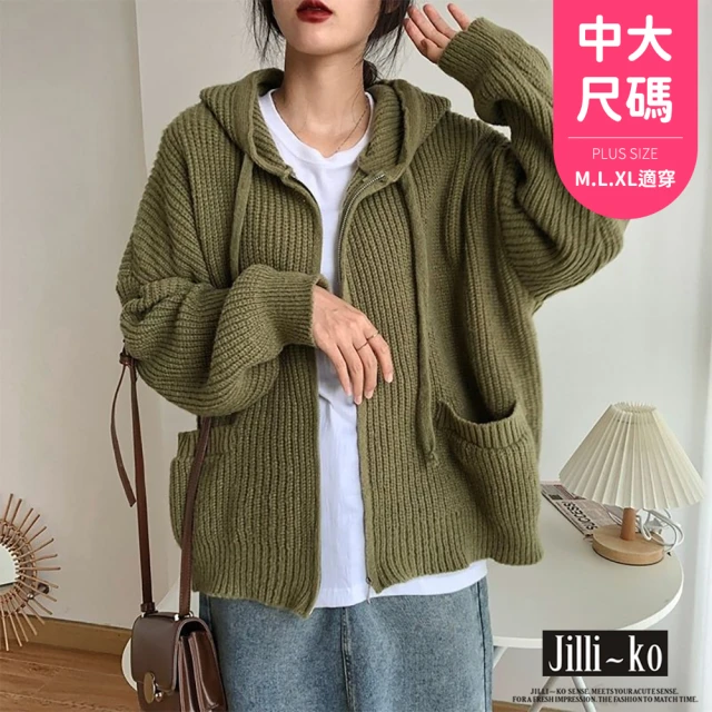 JILLI-KO 慵懶復古雙口袋拉鍊外套女寬鬆連帽毛衣-F(黑/綠)