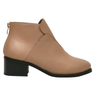 【Ann’S】頂級小羊皮真皮 視覺修長層次拼接尖頭粗跟短靴5cm(卡其)