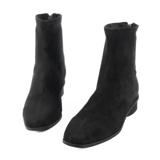 【SANDARU 山打努】短靴 復古質感方頭麂皮粗跟靴 麂皮靴 跟靴 低跟靴 麂皮鞋 軟皮靴子 靴子 馬靴(黑)