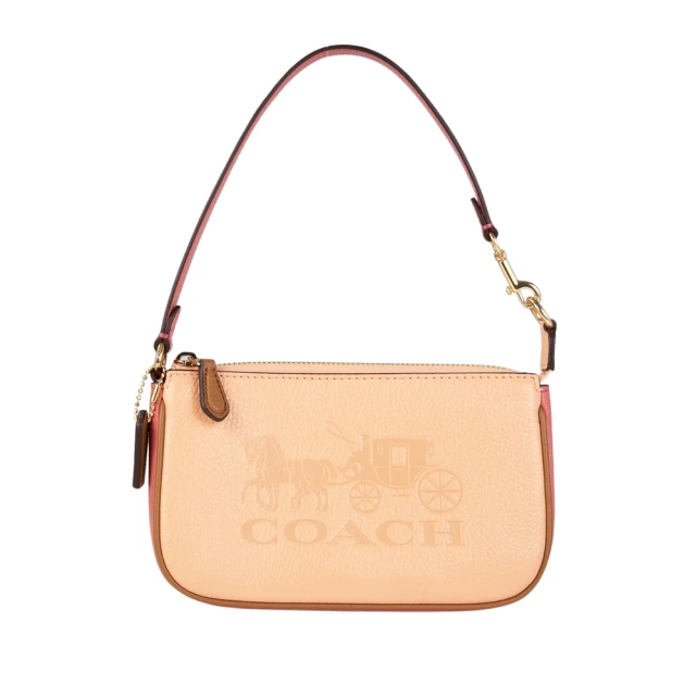 COACH 馬車LOGO拼色皮革小手提包(粉橘)