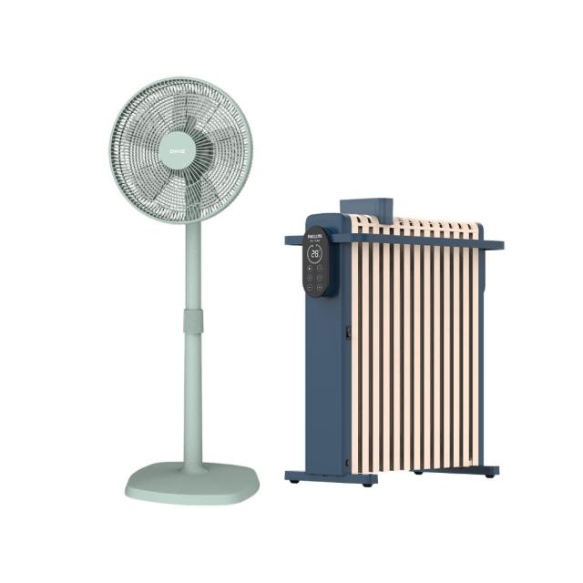 【Philips 飛利浦】14吋DC扇超值組-13葉片恆溫電暖器+14吋DC擺頭扇(AHR3124NYS+HLE100)