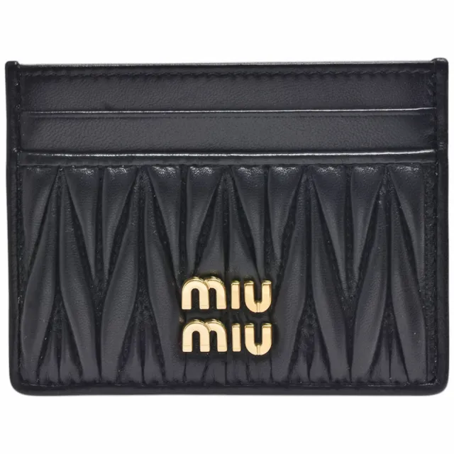 【MIU MIU】經典品牌LOGO皺褶小羊皮萬用卡片夾(黑色5MC076-MATELASSE-NERO)