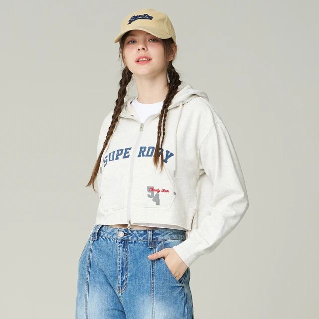 Superdry 韓版 女款 短版 長連帽外套 Varsity String(淺灰)