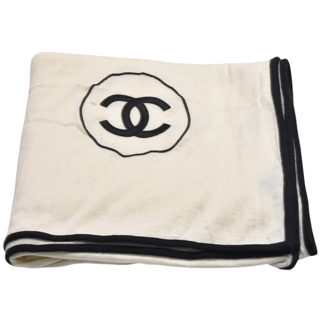 CHANEL 香奈兒 經典刺繡雙C LOGO滾邊喀什米爾羊毛混絲披肩/圍巾(米白A52032-BEIGE)