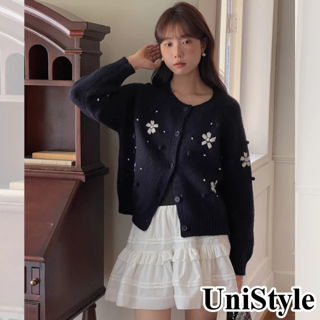 UniStyle 長袖毛衣外套 韓版立體毛球刺繡上衣 女 EAN385B(藏青)