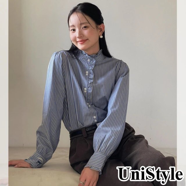 UniStyle 條紋長袖襯衫 韓版花邊立領上衣 女 EAN414B(藍條)