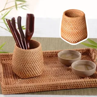 手工天然藤藝品茗喝茶具茶筒(六君子 藤編 原生態 筆筒 茶道配件 茶具收納筒)
