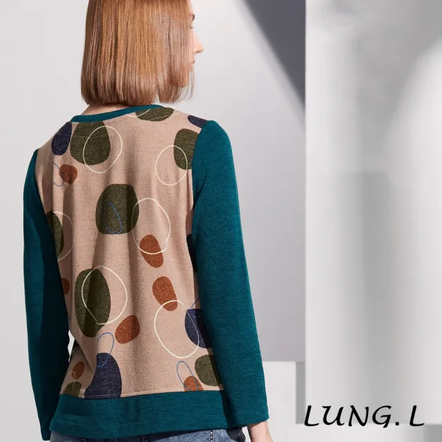 【LUNG.L 林佳樺】LQ70A駝色印花拼接綠色素面長袖女裝上衣(保暖 秋冬款)