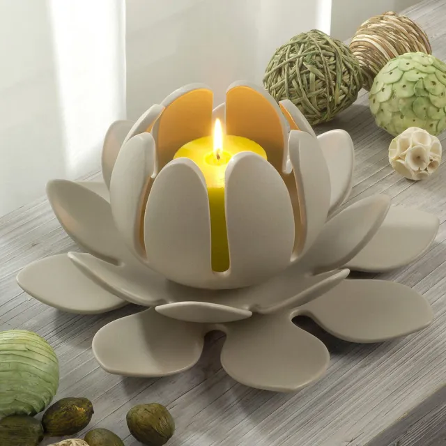 【YU Living 信歐傢居】陶瓷大蓮花造型裝飾燭台(可拆式/2色.白色.褐色/桌上擺飾 佛燈)
