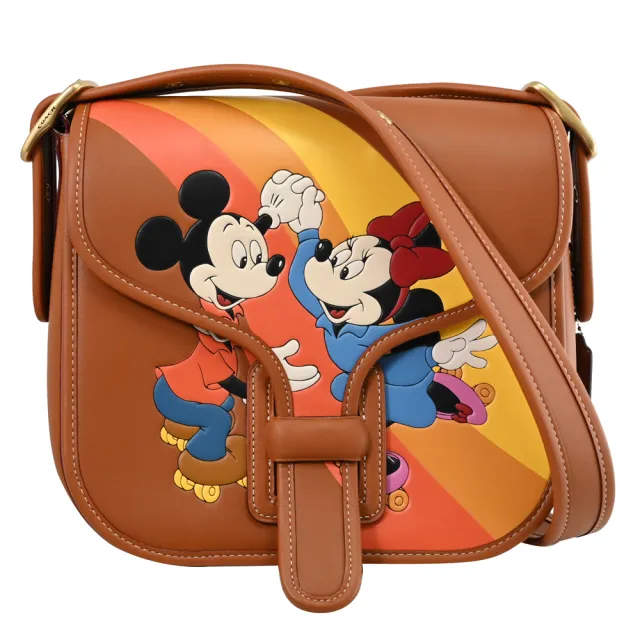 【COACH】DISNEY聯名 限定米奇米妮圖案翻蓋學院包斜背包(咖 大)