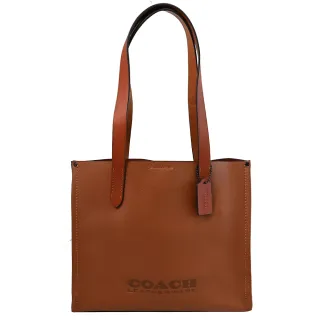 【COACH】RELAY 34 簡約經典LOGO荔枝皮革托特包肩背包(咖)
