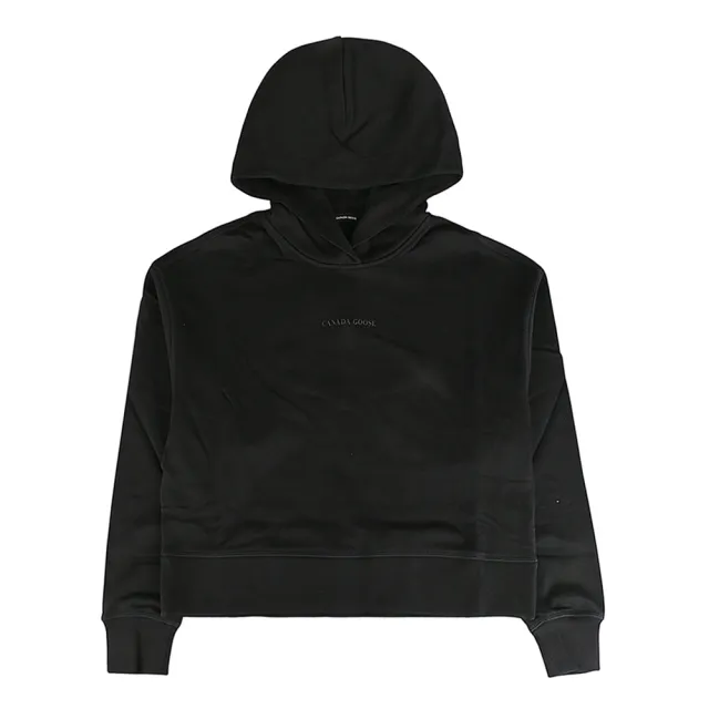 【CANADA GOOSE】CANADA GOOSE Muskoka立體字母LOGO橡膠標設計純棉圓領落肩連帽T恤(女款/黑)