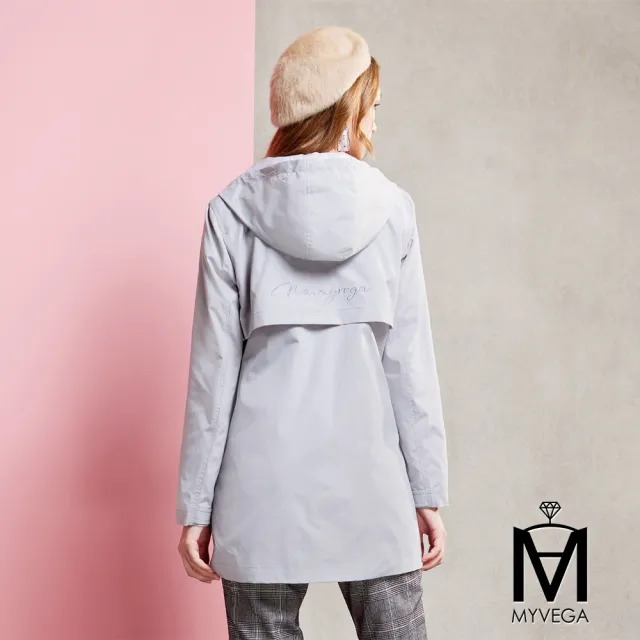 【MYVEGA 麥雪爾】MA防風刺繡檔片連帽長版風衣外套-共四色(風衣外套/連帽外套/長版外套)