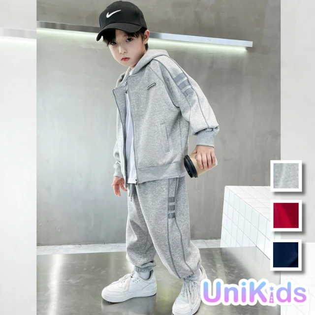 UniKids 現貨 中大童裝2件套裝反光條長袖連帽外套運動長褲 男大童裝 VP329(灰)