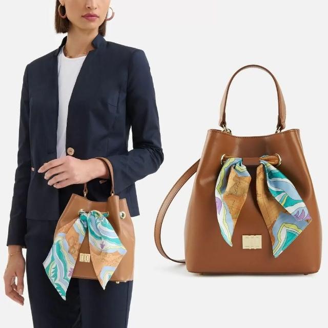 【Alviero Martini】義大利地圖包 印花絲巾牛皮水桶包(咖啡色)