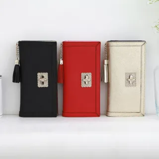 【WHOSE BAG】交換禮物 韓國 OMNIA胭脂十字扣真牛皮長夾｜13卡位×流蘇吊飾 NO.3188A(女長夾 女皮夾 錢包)