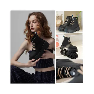 【SCANDINAVIAN FOREST 北歐小刺蝟】翻玩派對．防潑水皮革增高厚底中筒靴(熔岩黑巧)