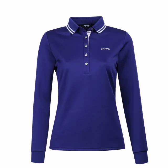 【PING】女款條紋領素面吸濕排汗薄長袖POLO衫-藍(GOLF/高爾夫球衫/RA23290-56)